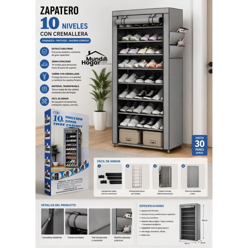 Zapatero De Tela 10 Niveles Con Cremallera