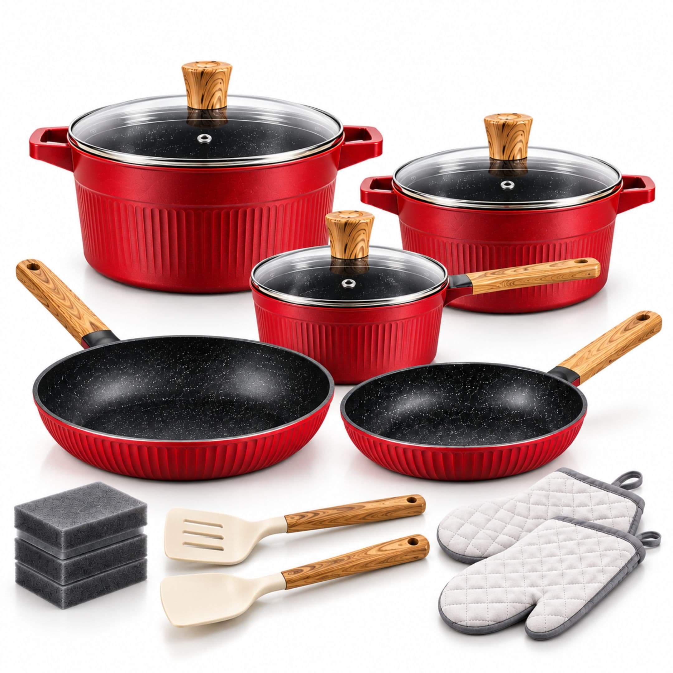 Set De Ollas De Granito Antiadherente 16 Piezas OSFÉ Diseño Elegante Y Utensilios Integrados Para El Hogar