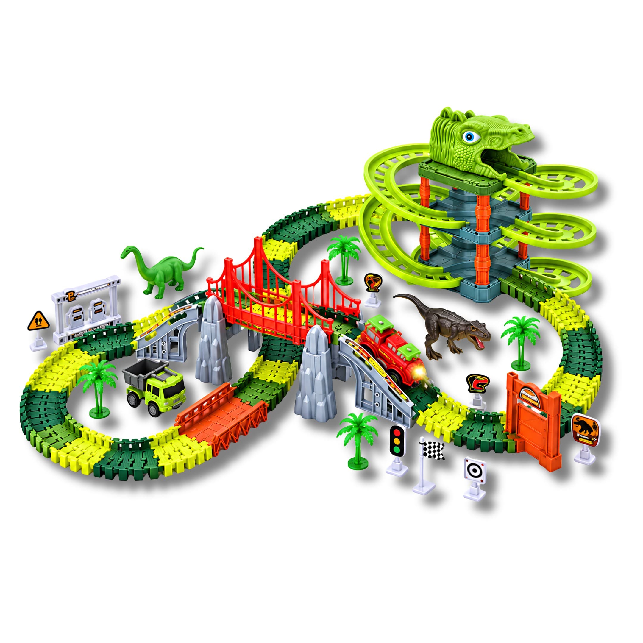 Pista De Autos Carreras De Dinosaurios Flexible 217 Piezas Con Accesorios P977