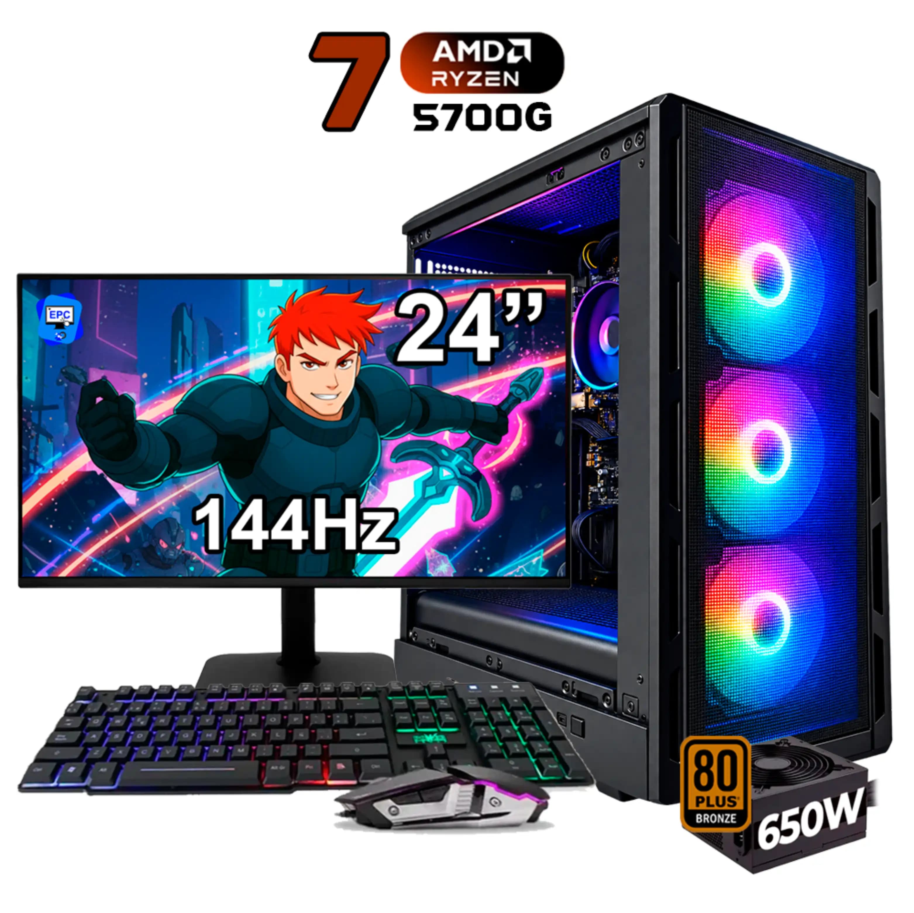 PC GAMER AMD RYZEN 7 5700G + 16GB RAM DDR4 + 512GB SSD + 650W BRONZE + MONITOR 24″ 144Hz
