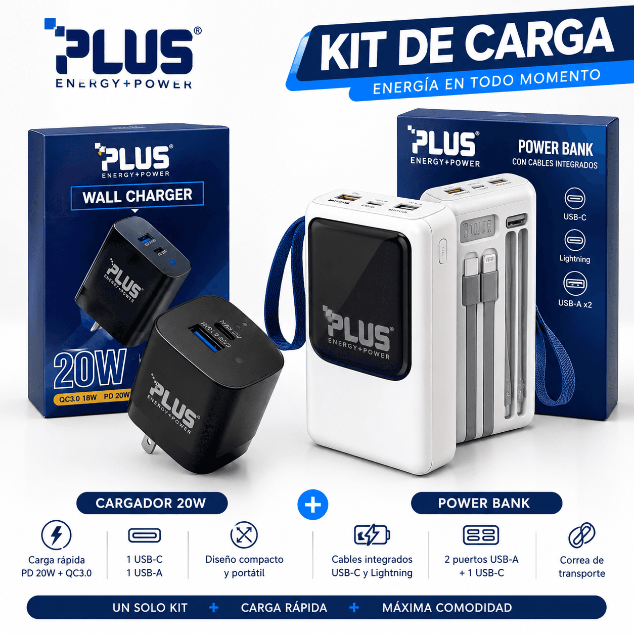 Kit de Carga PLUS Power Bank con Cables Integrados + Cargador 20W